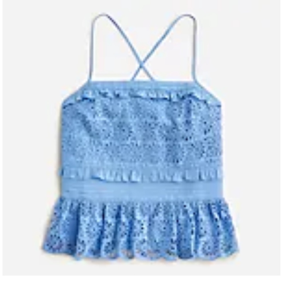 J Crew Blue Cross-back Smocked Waist Eyelet Ruffle Tank Top L